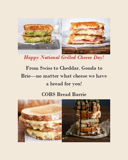barriecobs's tweet photo. Happy National Grilled Cheese Day!  The best grilled cheese needs the best breads, our hand crafted baked from scratch breads will make any grilled cheese better! Visit https://t.co/YJPpV2wiLi for more ideas! #grilledcheese #cheddar #brie #barrie #celebratefresh @cobsbread https://t.co/6jbcJzfb2r