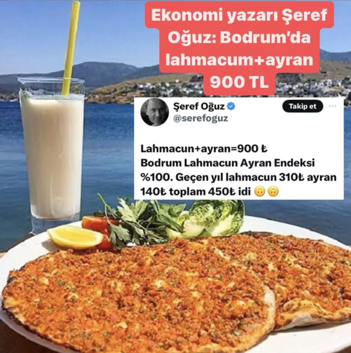 Arkadaş ne lahmacunmuş ya 😁

1. Bodrum'da lahmacun bu fiyat değil 70 100 TL arası değişiyor. 

2. Lahmacun Bodrum'da yenmezse eksik kalacağınız  bir şey değil.

3. İstanbul'da da, Bodrum'da da lüks bir otelin restoranında ne yerseniz yiyin fiyatı astronomik derece yüksek olur.