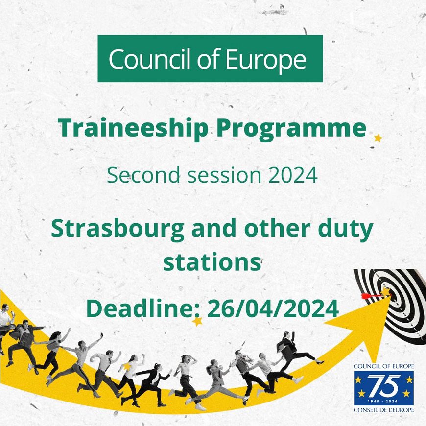 Applications for the Traineeship Programme of the Council of Europe are open ! A unique opportunity to gain experience in an international organisation dedicated to protecting, respecting and promoting Human Rights, Democracy and the Rule of Law 🇪🇺 👉 coe.int/en/web/jobs/tr…