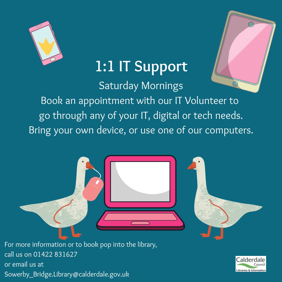 We have a two new IT sessions starting at Sowerby Bridge this coming week! On Monday mornings we will have an IT & Cake drop in, then on Saturday mornings you can now book an appointment with our expert IT volunteer to go through any digital questions or issues you might have☺️