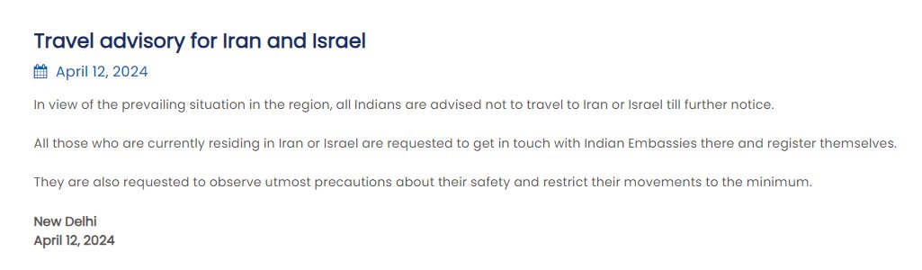 MEA issues Travel advisory for Iran and Israel; advises all Indians to not travel to Iran or Israel till further notice. MEA also requests all those who are currently residing in Iran or Israel to get in touch with Indian Embassies there and register themselves.