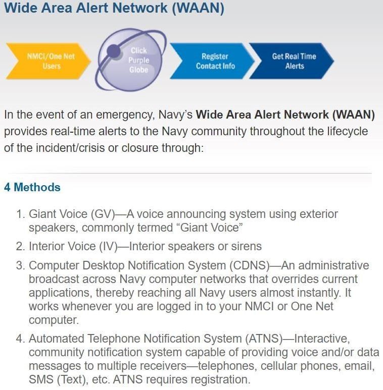Keep your information up-to-date with the Navy’s Wide Area Alert Network (WAAN), which provides real-time installation alerts to Navy service members, civilian employees and contractors during a crisis or base closure. More information: ready.navy.mil/Stay-Informed/…