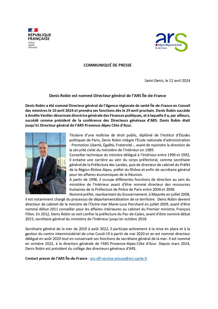 #Communiquédepresse | Denis Robin est nommé Directeur général de l’ARS Île-de-France 👉Pour en savoir plus : iledefrance.ars.sante.fr/denis-robin-es…