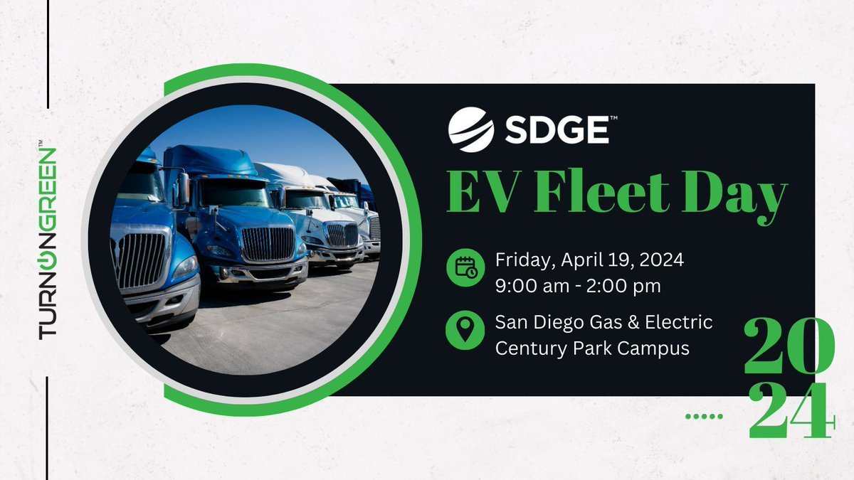 🔋 Ready to power up your fleet? Join TurnOnGreen at SDG&E's EV Fleet Day on April 19th, San Diego Gas & Electric Campus! Discover how to electrify your fleet efficiently. Don't forget to chat with our #GreenTeam! #EVFleetDay #TurnOnGreen