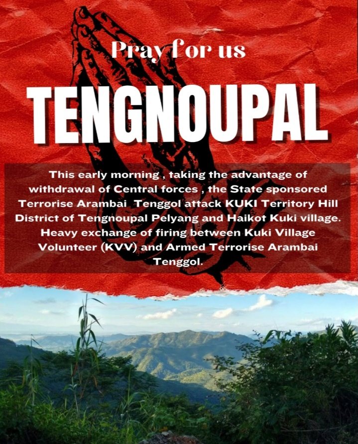 KukiMinjoy's tweet photo. #ManipurViolence 
Hello @PMOIndia
If your timely intervention has saved #Manipur, Please take action against the infiltration that is crossing the buffer zone and attacking the innocent #Kuki Village. #Tengnoupal is a land of peace.
@HMOIndia @adgpi @Spearcorps @official_dgar https://t.co/wBuoWvkEv1
