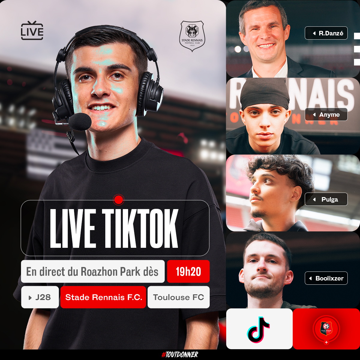 🔴 THIP  x <a href="/staderennais/">Stade Rennais F.C.</a> ⚫️

Rendez-vous demain à 19h20 sur le compte TikTok officiel du Stade Rennais ! 🤳

On va vivre ensemble l'avant-match en bord pelouse avec <a href="/LaPvlga/">Pulga 🧃</a>, <a href="/Ladanze29/">Romain Danzé</a>, <a href="/Boolixzer/">BooliX</a> &amp; @BNitroade ⚽️