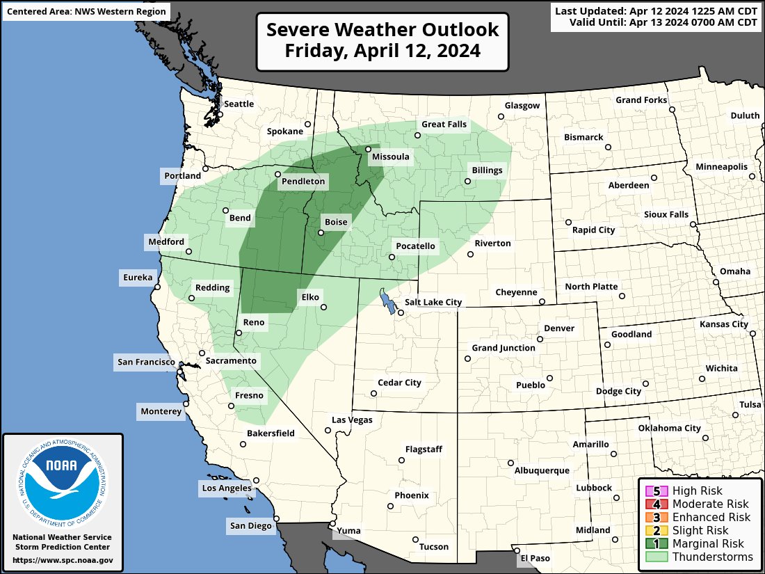 A few marginally severe wind gusts and hail are possible over Northern Nevada, Eastern Oregon, and Western Idaho during the late afternoon to early evening. #IDwx #NVwx #ORwx