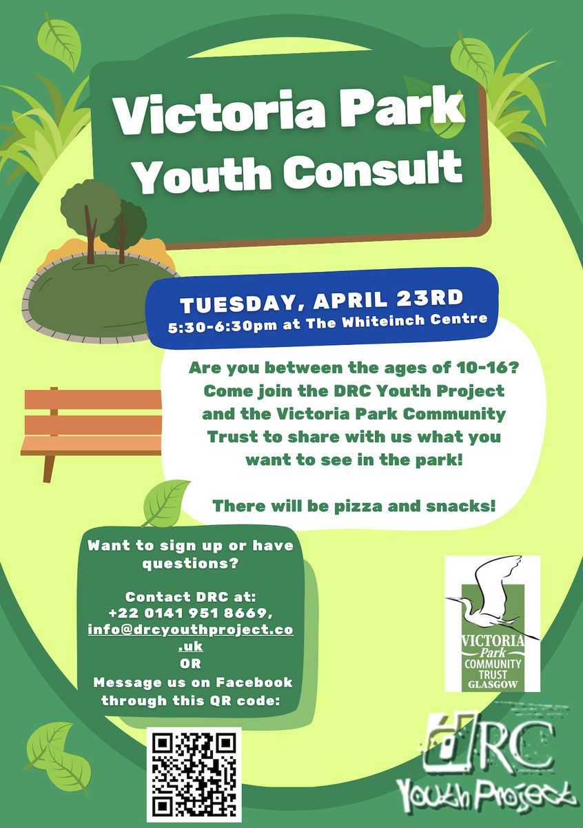 We are really excited about the upcoming youth consultation with young people in Whitiench/ Scotstoun (& surrounding area) about their local park! We'll be working together with the brilliant folk from @vpctglasgow to find out what young people want to see in Victoria Park.…