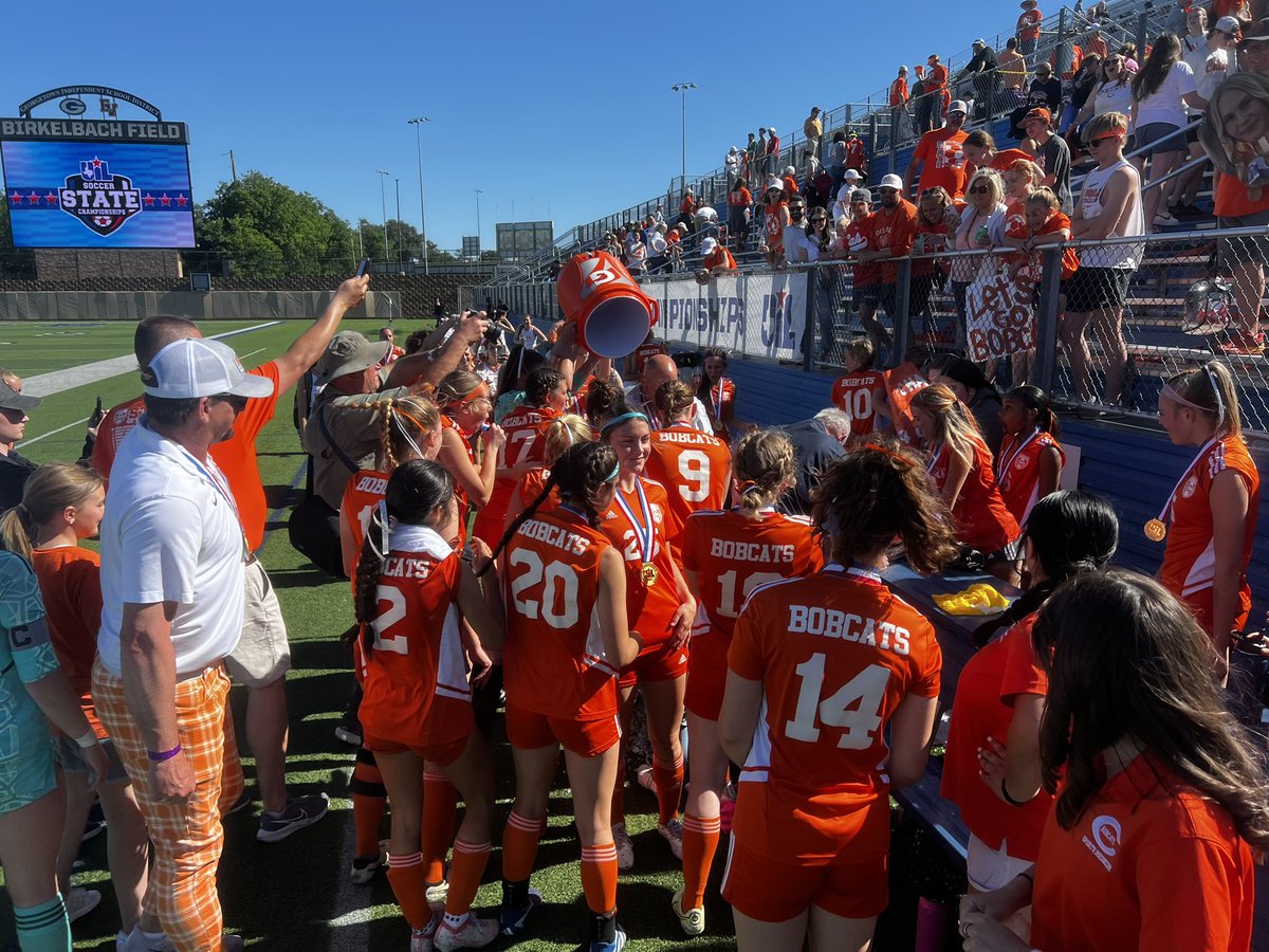 Bobcat Nation out in force to watch our girls clinch three in a row—a hat trick of state championships! Congrats to our seniors who led the way and to our coaches who deserved the ice dunk on a beautiful day! @CelinaSoccer @CelinaISD #BobcatNation