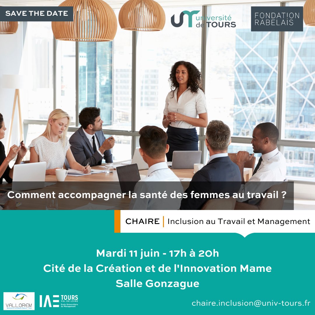 Dans le cadre de la Chaire "Inclusion au Travail et Management", l'Université de Tours et la Fondation Rabelais vous invitent à un afterwork le mardi 11 juin de 17h à 20h à la Cité de la Création et de l'Innovation MAME Tours. fondation-rabelais.univ-tours.fr/11-juin-2024