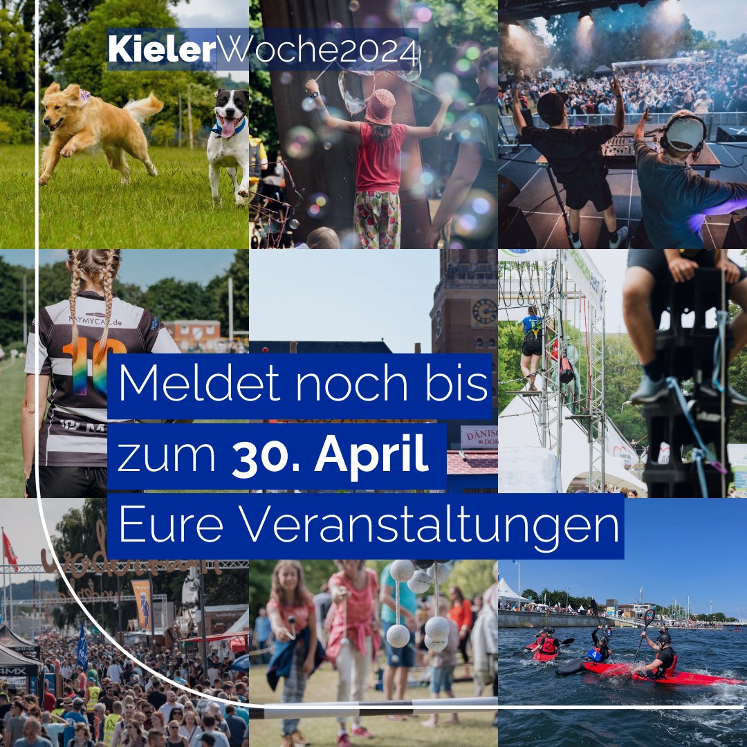 Ihr möchtet in diesem Jahr mit Eurer eigenen Veranstaltung für besondere #KielerWoche Momente sorgen? 😍 Dann hinterlegt Euer Event noch bis zum 30. April unter sohub.io/cmcp, damit sie in das offizielle Programmheft der #KiWo aufgenommen werden können. 💙
