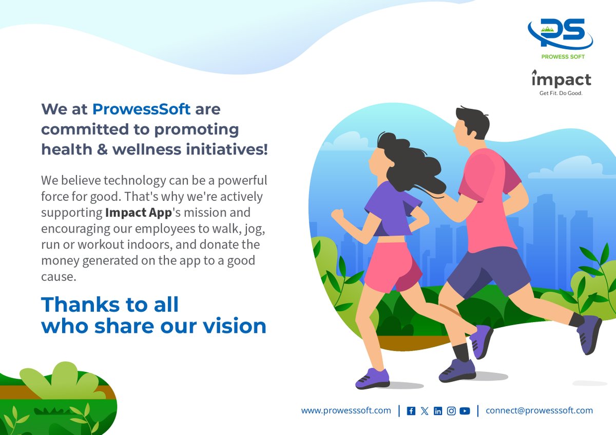 It is ProwessSoft's mission to promote health and wellbeing leveraging technology. We're proud to support the Impact App, which turns everyday actions into charity. 

#SocialImpact #ProwessSoft #HealthTechInnovation #impactrun #impact #healthylifestyle #donation #smartwatch