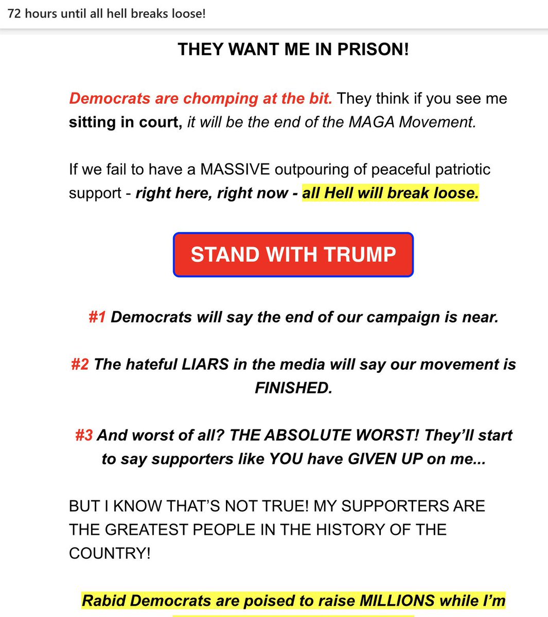 “72 hours until all hell breaks loose!” Trump is already fundraising off his trial, because of course.