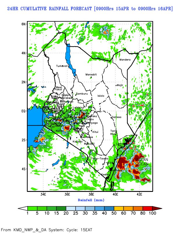 Saturday, Sunday and Monday rainfall forecasts 🌧️ Expect continued rainfall in various parts of the country, with isolated heavy downpours likely in the Highlands East/West Rift Valley, Lake Victoria Basin, South-eastern lowlands, Coast, & North-eastern Kenya. Stay prepared 🌧️⛈️