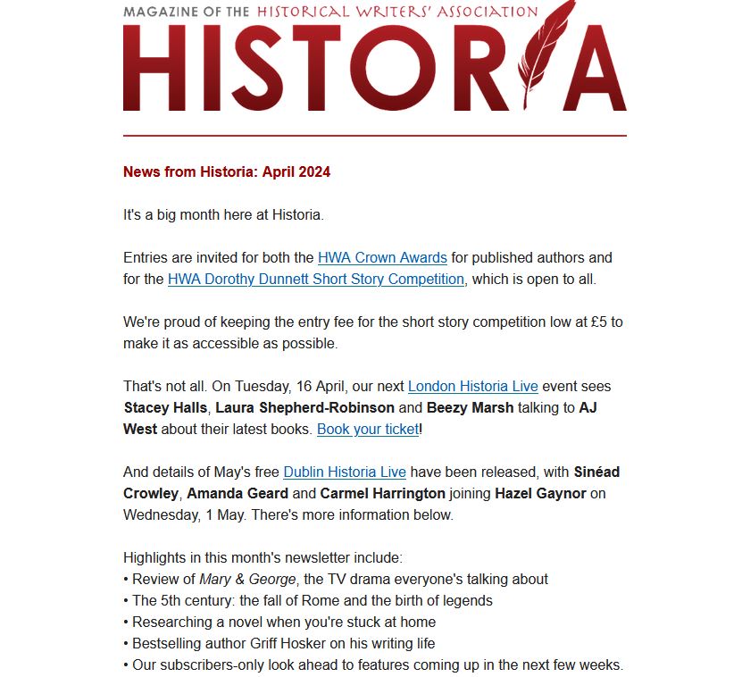 The April Historia newsletter is on its way! Just in time for a quick #history and #histfic fix at lunchtime (or with a cuppa during the doldrums of Friday afternoon). I hope you enjoy it!