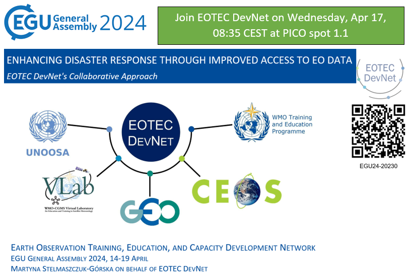 🚀 Excited for #EGU24! Join #EOTECDevNet on Apr 17, 08:35 CEST at PICO spot 1.1 🌍 🛰 Discover how we're enhancing disaster response with #EO Data through global and regional collaboration. Don't miss out on learning about our initiatives! #EarthObservation #CapacityBuilding