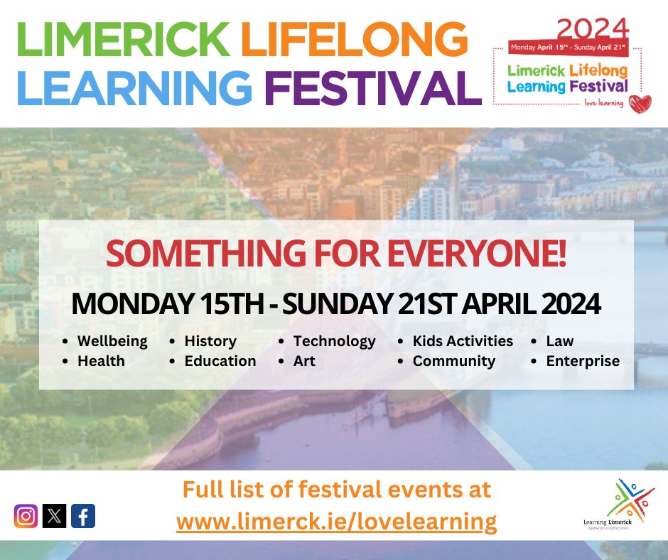 Check out our fantastic programme of over 150 events for this year’s #LLLFestival2024 on limerick.ie/lovelearning! Festival brochures also available in libraries, colleges and community centres.
#LearnGrowExplorein2024
