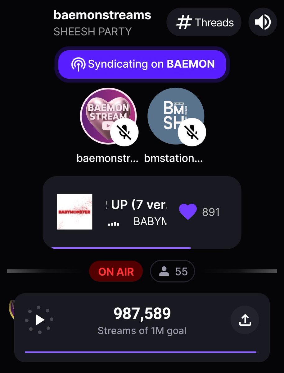 Can we hit 1M streams tonight? ON-AIR Schedule: Weekdays - @BMStationhead 🎧 stationhead.com/bmstationhead [NOW ON AIR!] Weekends - @BAEMONstreams 🎧 stationhead.com/baemonstreams Please follow both station! #BABYMONSTER @YGBABYMONSTER_ #StreamSHEESHonSPOTIFY