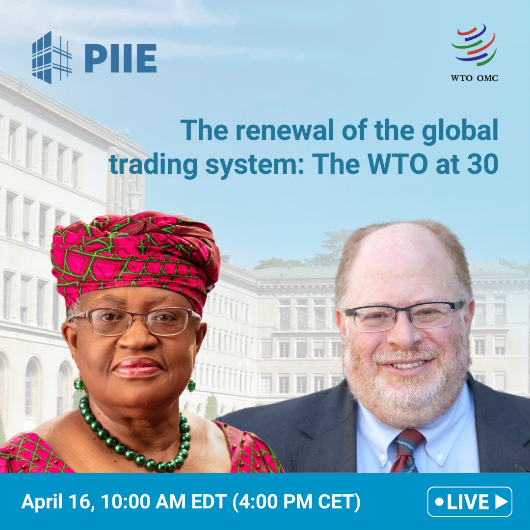 Join DG @NOIweala and @PIIE's President @AdamPosen on 16 April as they explore the WTO's 30-year journey and its future direction. Registration and livestream: bit.ly/4aVqhaN