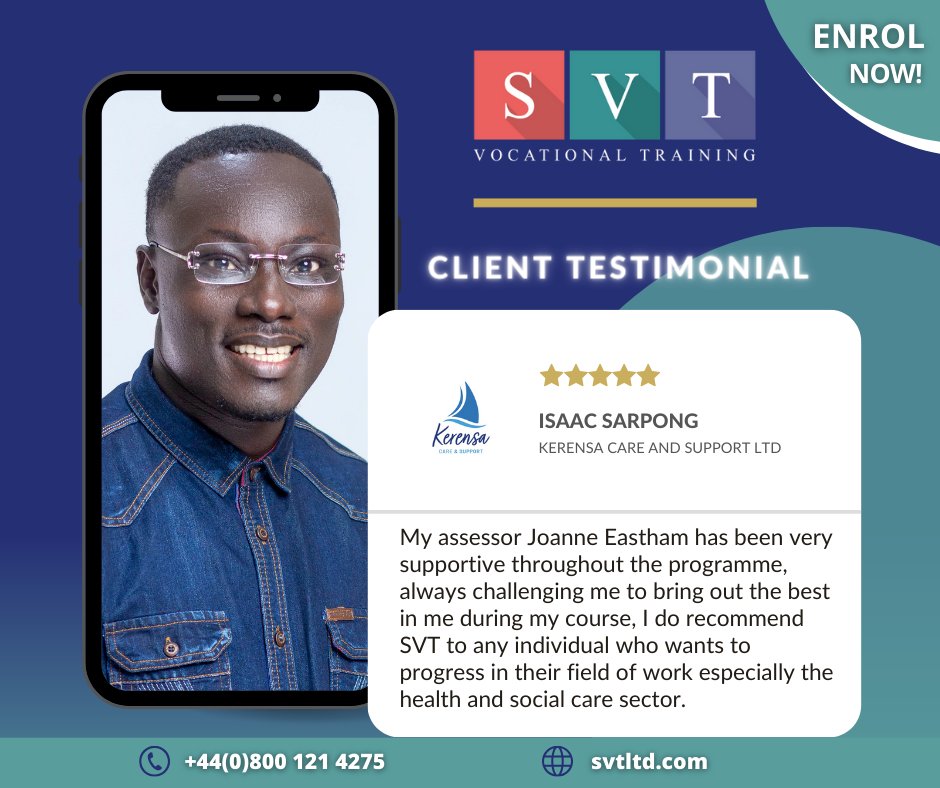 We are thrilled to announce that Isaac Sarpong from Kerensa Care and Support Ltd, has successfully completed his City & Guilds Level 3 NVQ Diploma in Adult Care with SVT. Congratulations, Isaac! ❤️

Call the SVT team for info on +44(0)800 121 4275 #svtltd #healthcare #education