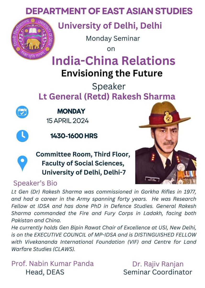 Welcome to join ! Lt Gen (Retired) @rakesharma15 will be speaking on India-China Relations.