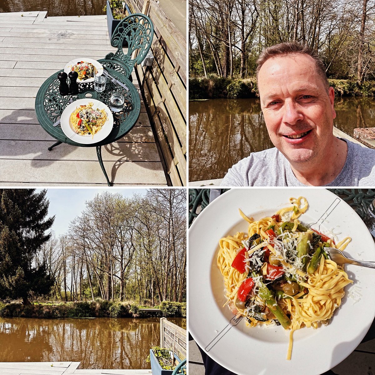 The first really beautiful day since we have been here so, as we are both working from home today, had to be lunch in the garden, by the river. So pleased we moved here #lunch #garden #pasta #river #selfie #sun