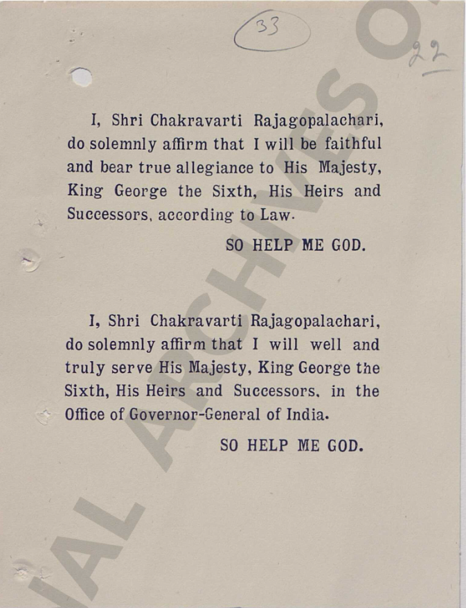@chandrachurg He did repeat Mountbatten's oath with only one difference: Mountbatten said 'do swear' while Rajaji said 'do solemnly affirm'. What a HUGE difference!!! Copy of the oath taken by Rajagopalachari when he served as Acting Governor-General for a few days in November 1947 Rajaji's…
