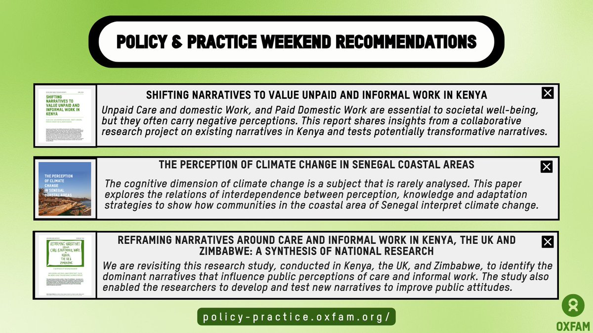 @OxfaminAfrica @oxfamcampaigns @oxfamgb @Oxfam We can't forget about the papers! Here are the must-read papers on care and climate this week: 🟩Shifting narratives in 🇰🇪- policy-practice.oxfam.org/resources/shif… 🟩Perception of climate change in 🇸🇳- policy-practice.oxfam.org/resources/la-p… 🟩Reframing narratives around care - policy-practice.oxfam.org/resources/refr…