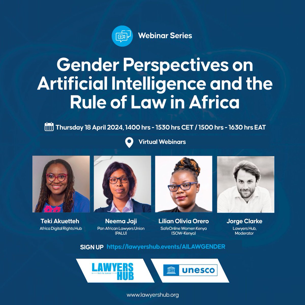🔍 How does AI shape gender dynamics in Africa's legal landscape? 🌍

Join the conversation on Thursday 18 April, 3:00 PM EAT with @UNESCO & @lawyershubkenya.

Reserve your spot now! 👉lawyershub-org.zoom.us/meeting/regist…