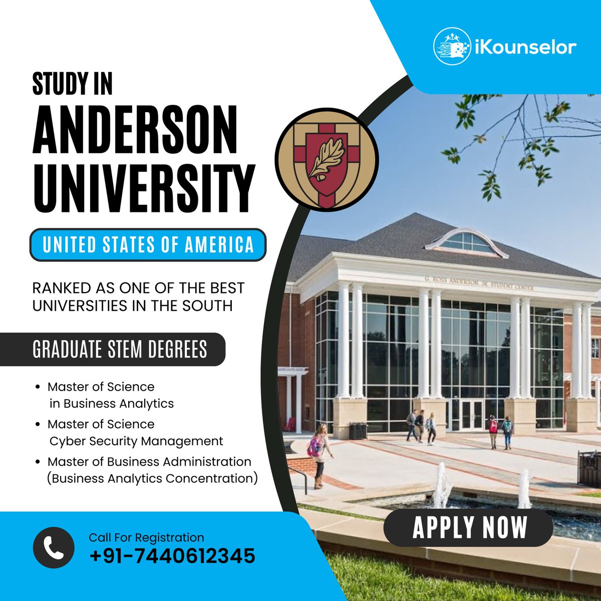 Unlock your potential at Anderson University, #USA!

Explore world-class education, vibrant campus life, and endless opportunities for growth. Start your journey to success today!

𝐅𝐨𝐫 𝐌𝐨𝐫𝐞 𝐈𝐧𝐟𝐨𝐫𝐦𝐚𝐭𝐢𝐨𝐧:
📞Call us at : +91 74406 12345

#AndersonUniversity