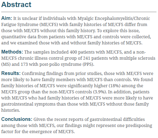 New:
The influence of #MyalgicEncephalomyelitis / #ChronicFatigueSyndrome (ME/CFS) family history on patients with ME/CFS

Free fulltext:
explorationpub.com/Journals/em/Ar…

#MEcfs #CFS #PwME