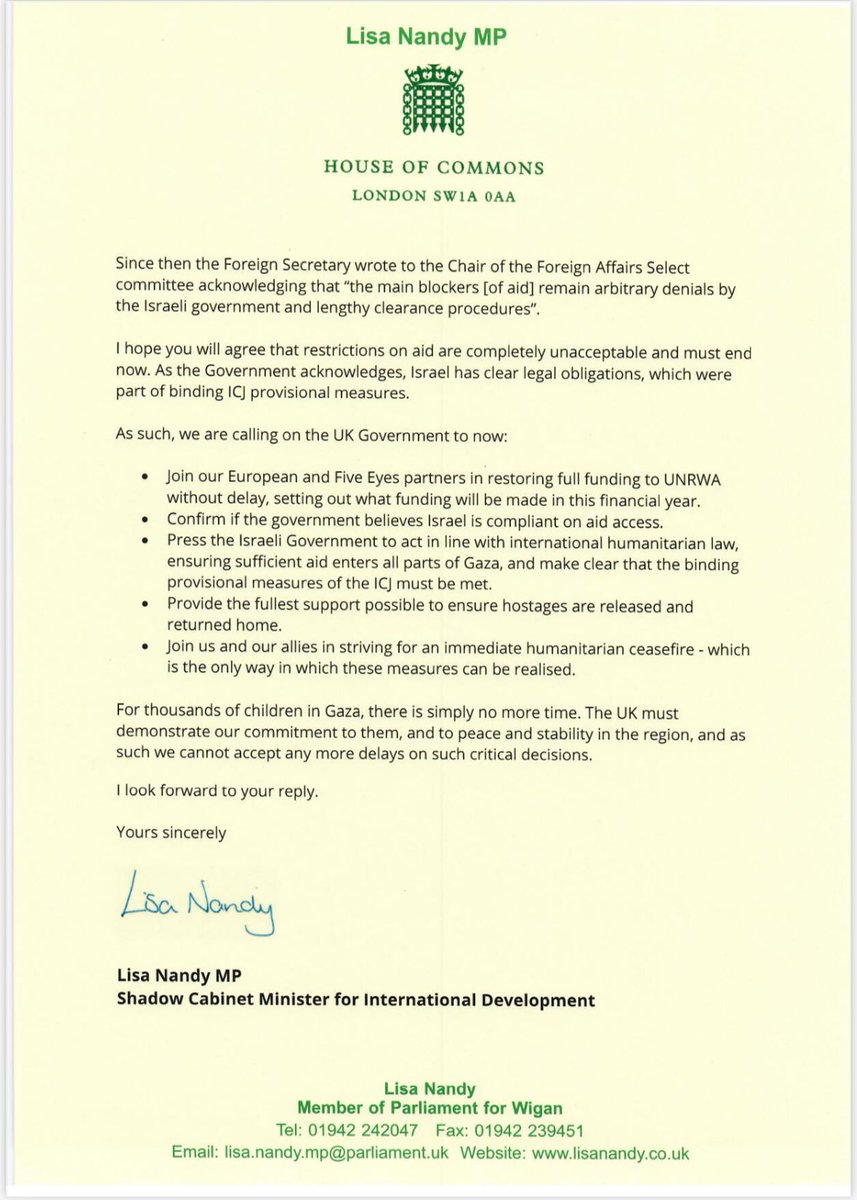 The UK is one of the last major donors that hasn’t announced a resumption of funding to UNRWA.   Time has run out for hundreds of thousands of people without food, water or basic essentials.   My letter urgently calling for a clear and fast path for UNRWA funding to resume. 👇