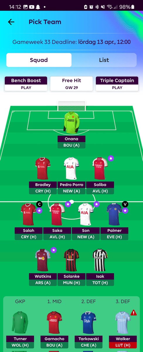 SebastianBylund's tweet photo. @fplsverigetv Walker eller Porro ut? Och vem ska ersätta? Blir TC GW34 och BB GW37. WC dras förmodligen i 35 eller 36. https://t.co/Lfk94eNfIc