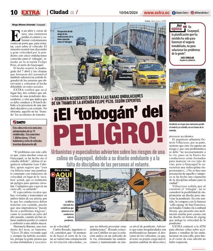 Agradezco a @Expresoec @DiarioExtraEc y al periodista #DiegoAlfonsoAlvarado por recoger mi opinión técnica sobre solución a Avd Felipe Pezo.
- pendiente constante
- reductores de velocidad sonoros 
- señalización 
- vigilancia
@alcaldiagye @aquilesalvarez @lsaltosf @Blankimonki