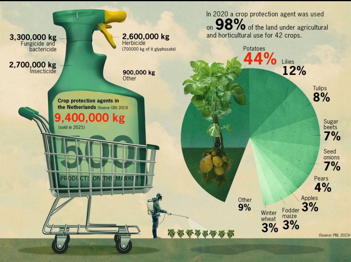 Wageningen Üniversitesinin yaptığı araştırmaya göre;
Hollanda’da pestisit kullanımı yıllık 9,4 milyon kg.
Çiftçiler,tüm teorik önlemlere ve uyarılara  rağmen daha iyi ve yüksek verim alma gerekçesiyle pestisit kullanmaya devam ediyorlar
