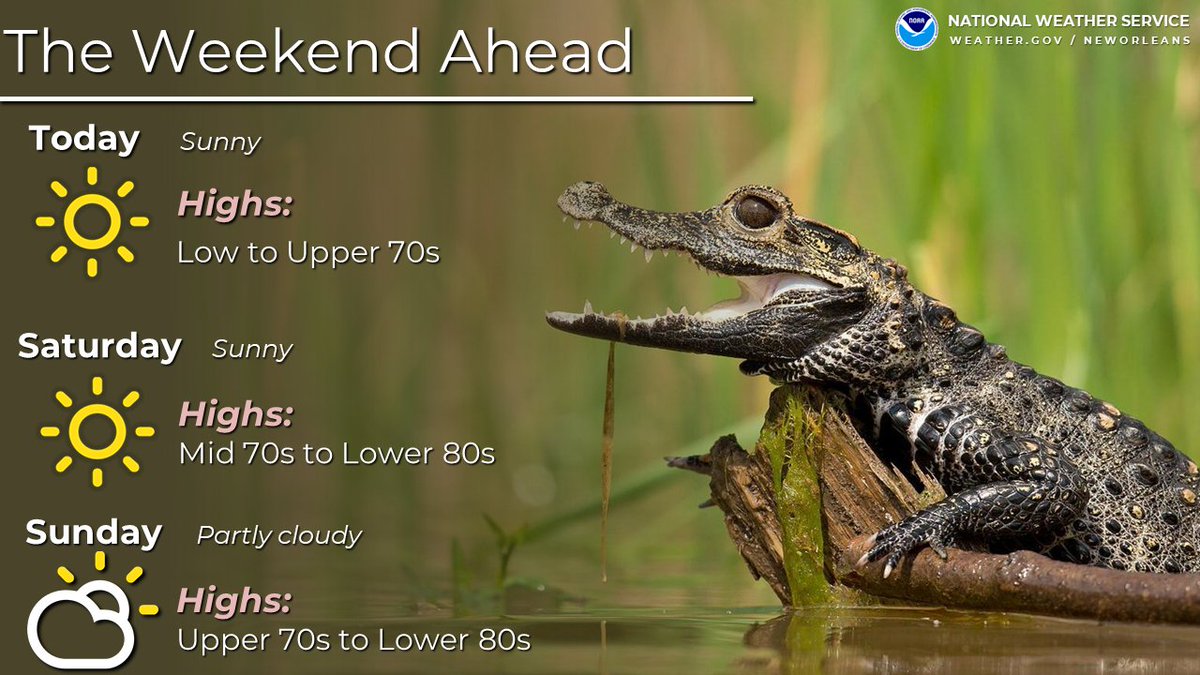 Quieter and slowly warming weather is on tap for today through this weekend with high temperatures in the 70s today and 70s/80s this weekend. #LAwx #MSwx