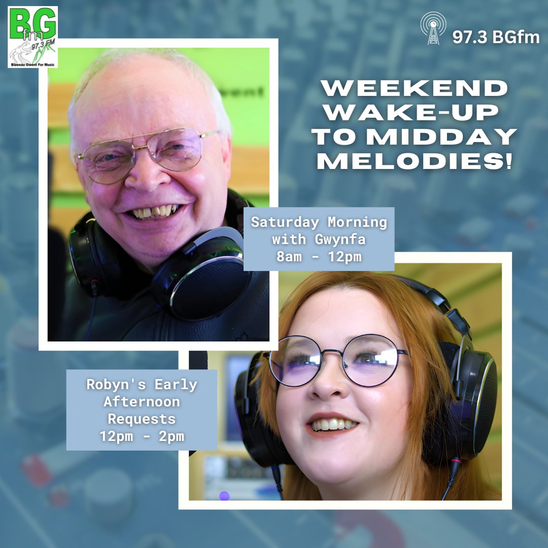 Start your weekend off right with Gwynfa's Saturday Morning Melodies, bringing you the perfect soundtrack from 8am to 12pm. Then! Keep the good times rolling with Robyn's Early Afternoon Requests from 12pm to 2pm! 🎶

Tune in to 97.3 #blaenaugwent! 🎧

#Bgfmcommunityradio #BGfm