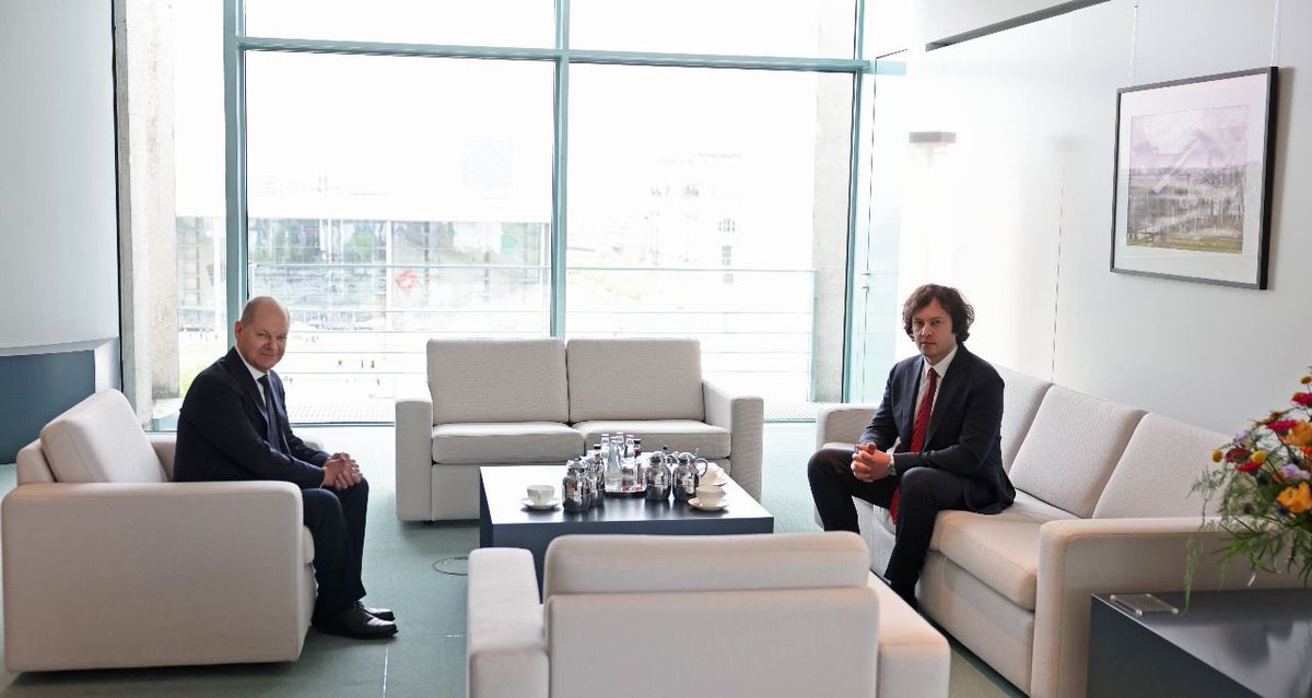 PM_Kobakhidze's tweet photo. Delighted to meet with @Bundeskanzler Olaf Scholz during my visit to 🇩🇪. Discussed the scope of 🇬🇪-🇩🇪 multifaceted cooperation and ways to further strengthen our partnership. Expressed gratitude for Germany’s continuous support for Georgia’s development processes, as well as our EU accession path. Georgia, as a future EU member state, remains a reliable ally for both Germany and Europe in the region.