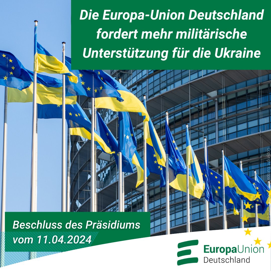 Die überparteiliche Europa-Union fordert mehr militärische Unterstützung für die #Ukraine. Die Ukraine führt einen reinen #Verteidigungskrieg. Diesen Abwehrkampf muss sie, wenn sie Bestand haben soll, gewinnen. 
👉Statement des EUD-Präsidiums: europa-union.de/fileadmin/file…