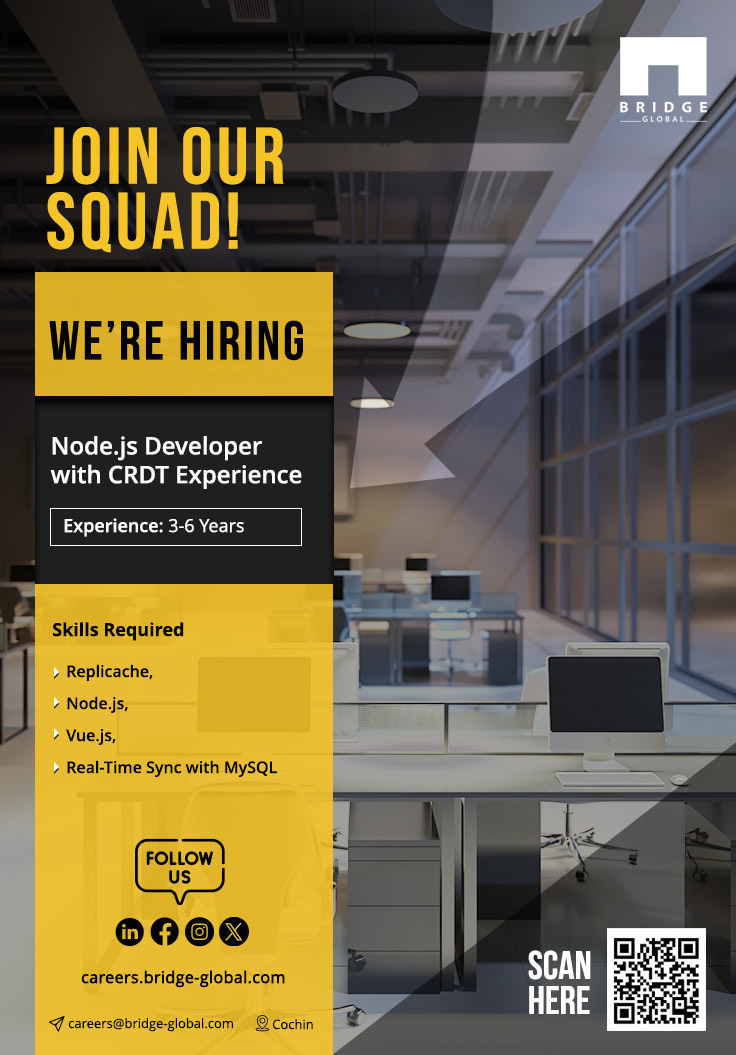 Expert Node.js Developer with CRDT experience wanted! View the full JD at careers.bridge-global.com and send your CV to careers@bridge-global.com if you're a match! #NodeJS #nodejsdeveloper #hiringalert #HiringNow #ITJobs