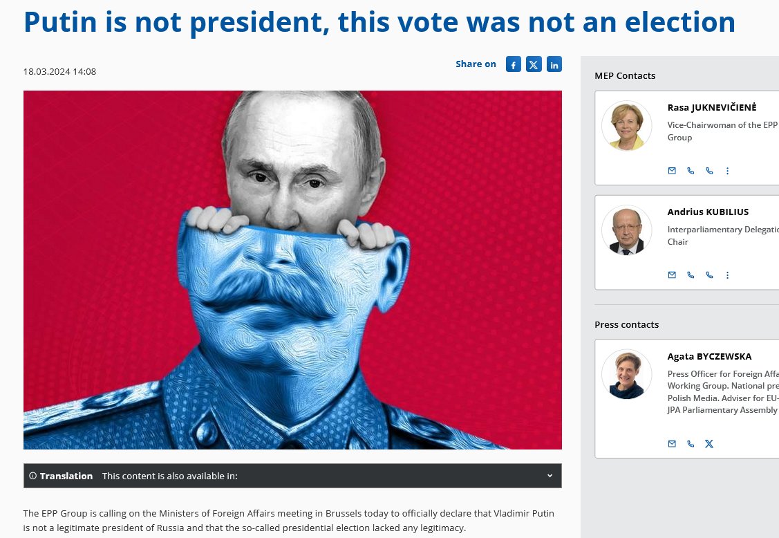 Whereas Putin's re-election is the EUs concern 'EPP Group is calling on the Ministers of Foreign Affairs meeting in Brussels today to officially declare that Vladimir Putin is not a legitimate president of Russia & that the so-called presidential election lacked any legitimacy.'