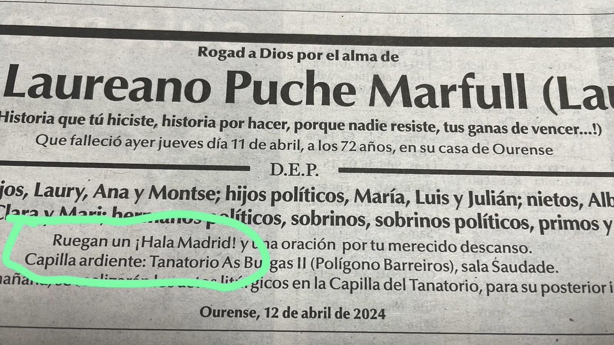 Esquela de hoy en La Región de Orense.
¡HALAMADRID! #DEPLaureano