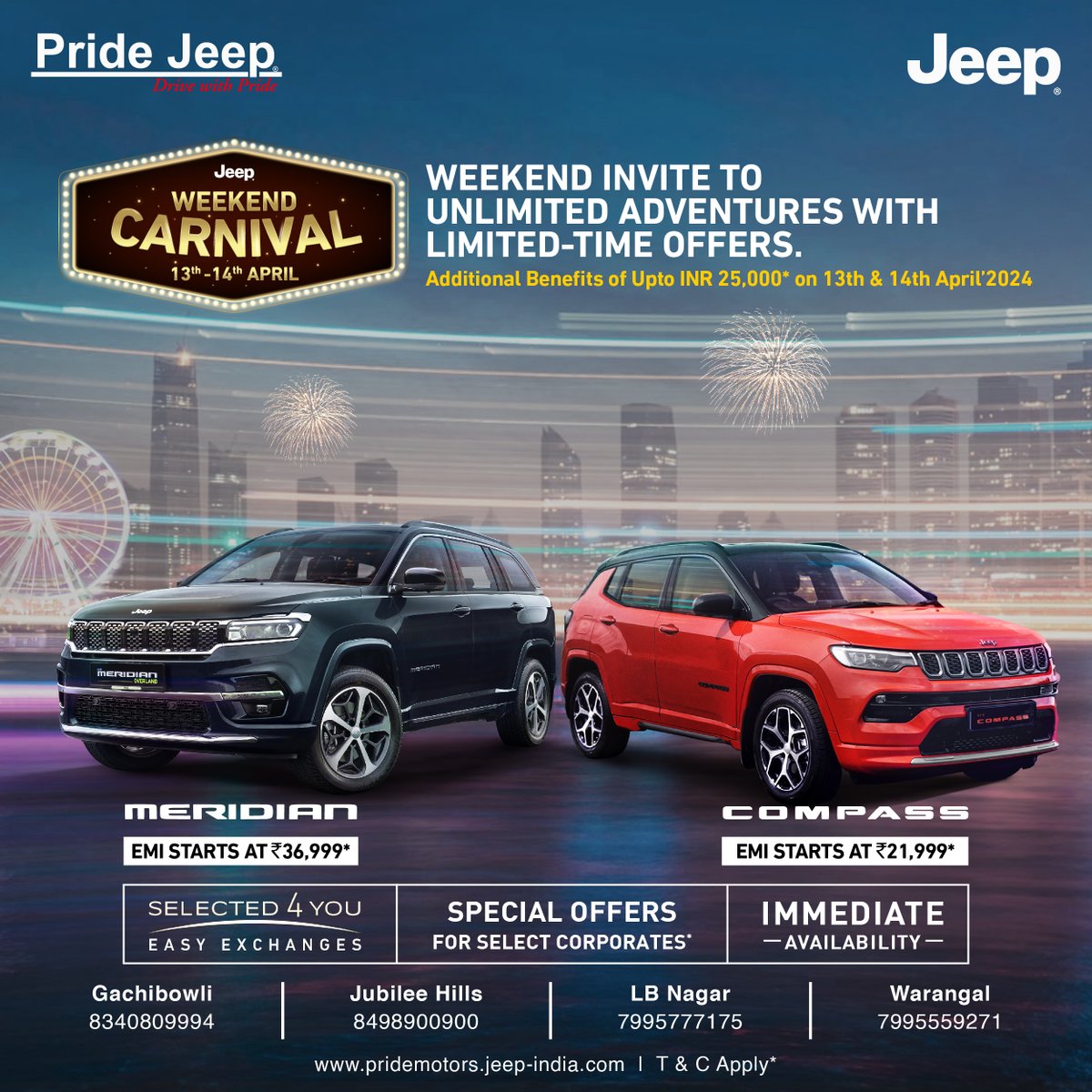 There's more to this weekend! Seize your chance to own your favorite Jeep, with exclusive, limited-time offers.

#Pridejeep #PrideJeepHyderabad #jeepcars #jeeplife #JeepJubileeHills #JeepGachibowli #JeepWarangal #Jeeplbnagar #jeepcompass #jeepcompassindia #jeepmeridian