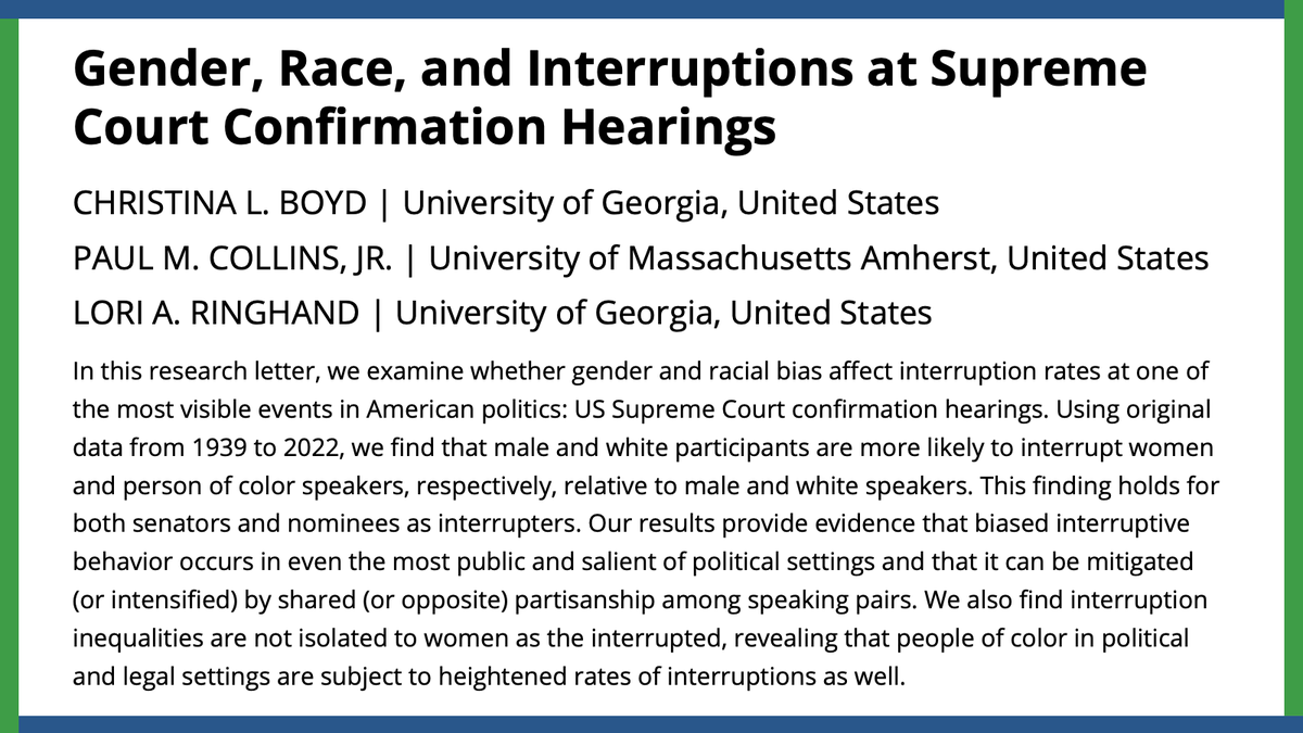 Does gender & racial bias affect interruption rates during US Supreme Court confirmation hearings? @TheCLBoyd, Paul M. Collins Jr., & @Lring86 demonstrate how biased interruptive behavior occurs in even the most public political settings. #APSRFirstView. ow.ly/4MzQ50R1JIR