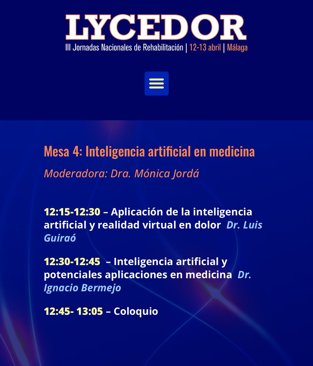 III Jornadas Nacionales #Rehabilitación

📍 #LYCEDOR24  🗓️ 12-13/04 Málaga
Coord. <a href="/MJordaLlona/">Mónica Jordá Llona</a> <a href="/GVADrPeset/">DS Doctor Peset</a>

👉🏼 lycedor.com