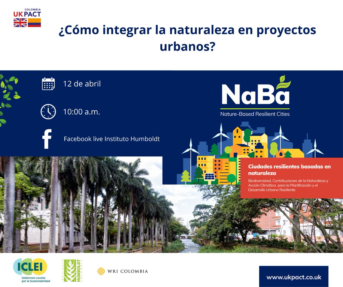 🤓 Luego de hablar de ciudades resilientes e infraestructura urbana, hoy la cita es para hablar sobre la naturaleza en proyectos urbanos. 🏡 Nos vemos a las 10 a. m. En Facebook Live junto a @ICLEI @WRIColombia. ⬇️