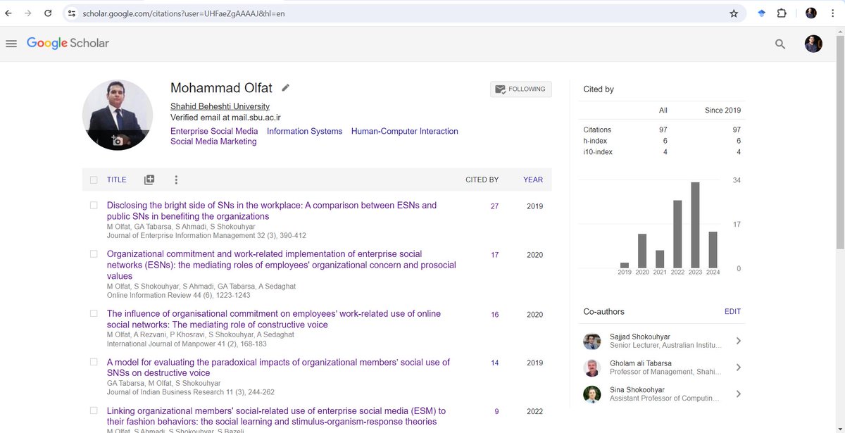 Mohammad_Olfa1's tweet image. Only 3 citations required to reach 100 citations on #GoogleScholar!🥳🚀📈

#GoogleScholarMetrics

Citations: 97
h-index: 6
i10-index: 4
Total studies since 2018: 10
Studies in last 12 months: 3

Link: scholar.google.com/citations?user…

Fingers crossed for more #AcademicReputation! 🙌🙌🤞😁