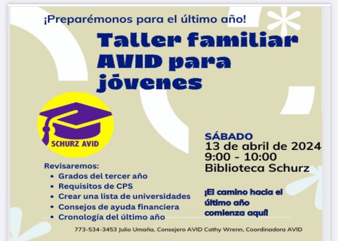 We look forward to seeing our <a href="/AVID4College/">AVID</a> <a href="/AVIDMWStates/">AVID Heartland</a> Junior families tomorrow at 9AM in the library for our “Junior Family Workshop.” The road to Senior Year Starts here! 😉#AVID4Possibility @network14cps <a href="/SchurzAP_Rose/">Beth Rosendahl</a> <a href="/drheidymoran/">Heidy Moran</a>