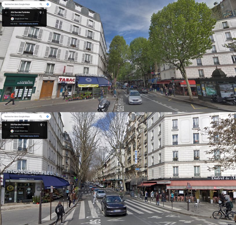 Avant / Après rue des Pyrénées à #Paris20 #ParisXX

❌ Abattage d’un bel arbre adulte

#IlotDeChaleur
#ruevegetale