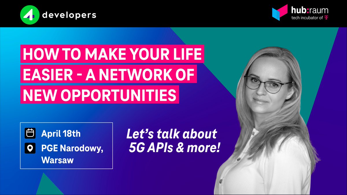 Join us at the @4Developers Festival in #Warsaw on April 18th! Our Senior Network Tech Expert Ewa will demystify #5G APIs, and more! Join us to learn more about @deutschetelekom's APIs and explore the opportunity to carry out tests in our 5G Lab in #Krakow. ⚡️